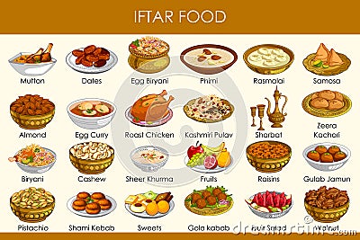 Vector illustration of different delicious food for Ramadan Iftar Food Vector Illustration