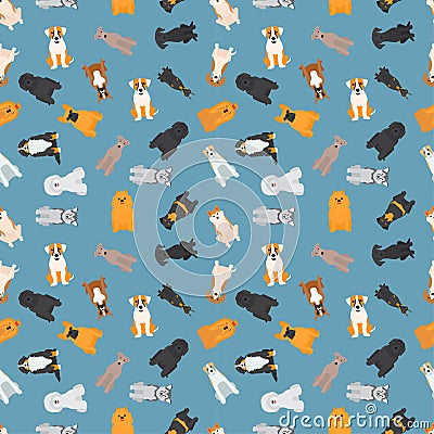 Vector illustration of different dogs breed seamless pattern. Vector Illustration