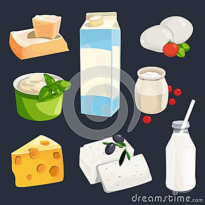Vector illustration of different milk products. Cartoon style pictures isolate on white Vector Illustration