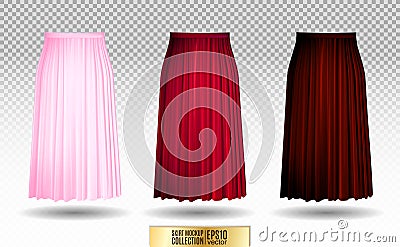 Vector illustration of different model skirt on transparent background. pleated skirt mock up. Pink, red, vinous variation Vector Illustration