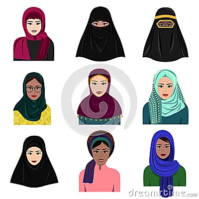 Vector illustration of different muslim arab women characters in hijab icons set. Islamic saudi arabic ethnic women in Vector Illustration