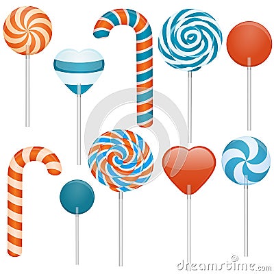 Vector illustration of different sweets. Candy cane, swirl lollipop, heart lollipop, round lollipop Vector Illustration