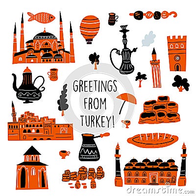 Vector illustration of different turkish attractions and symbols of turkish culture. Vector Illustration