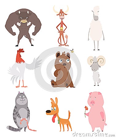 A vector illustration of different wild and domestic animals cartoons. Bull, cow, sheep, cock, bear, bee, ram, domestic Vector Illustration