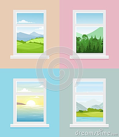 Vector illustration of different window views. Mountains, forest, fields, sea with sunrise window views collection in Vector Illustration