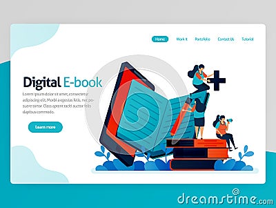 Vector illustration for digital ebook landing page. Mobile apps for reading, writing, studying. modern library platform. Online Vector Illustration