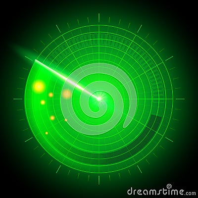 Vector Illustration digital realistic abstract military search system radar with targets in action on monitor. Navigation interfac Vector Illustration