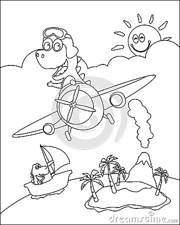 Vector illustration of dinosaur flies in the sky on an airplane. Creative vector Childish design for kids activity colouring book Vector Illustration