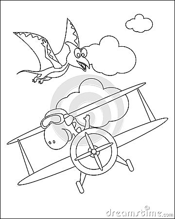 Vector illustration of dinosaur flies in the sky on an airplane. Creative vector Childish design for kids activity colouring book Vector Illustration