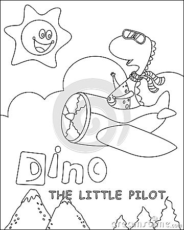 Vector illustration of dinosaur flies in the sky on an airplane. Creative vector Childish design for kids activity colouring book Vector Illustration