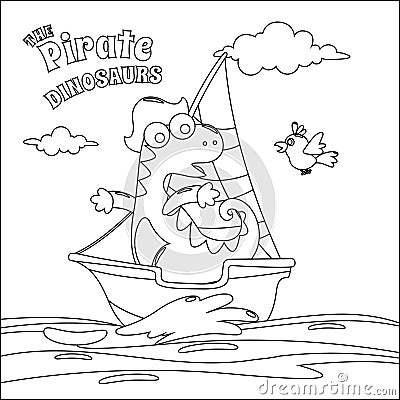 Vector illustration of dinosaur pirate on a ship at the sea with cartoon style. Childish design for kids activity colouring book Vector Illustration