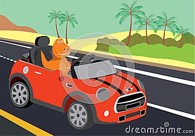 Dinosaur who rides in a mini car on the road Vector Illustration