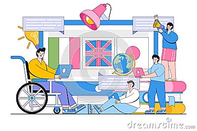 Vector illustration of disabilities characters on wheelchair learn language courses through internet, distance learning for exam Vector Illustration