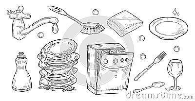 Dishes washing process objects set Vector Illustration