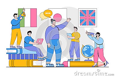 Vector illustration of distance learning, online learning, choice of language courses, exam preparation and home schooling with Vector Illustration