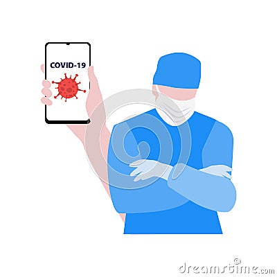 Vector illustration of doctor or nurse in mask with cross hands on chest and hand with smartphone with virus behind him. Medical Vector Illustration