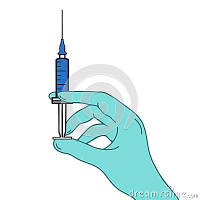 Vector illustration of a doctor`s hand, a nurse holding a syringe with a vaccine. Hand in a blue glove with a syringe. The Vector Illustration