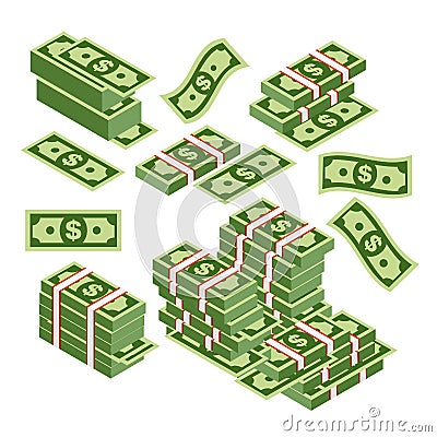 Vector illustration of dollars bundles scattered, stacked with different sides isolated on white background. Dollars Vector Illustration