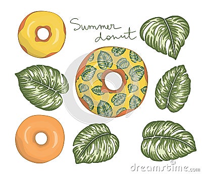 Vector illustration of donut with yellow icing with green monstera leaves. Original summer menu design. Tropical dessert concept. Vector Illustration
