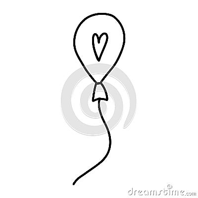 Vector illustration of doodle baloon with heart. Black ink silhouette on white background Vector Illustration