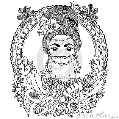 Vector illustration. Doodle drawing Oriental woman in the floral frame. Coloring book anti stress for adults. Black Vector Illustration