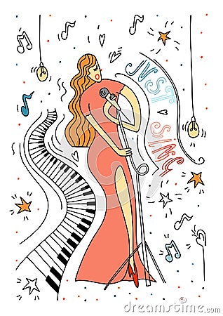 Singing women in red dress. Vector Illustration