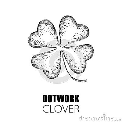 Vector illustration with dotted lucky four leaf clover or shamrock in black isolated on white back. St. Patrick day symbol. Vector Illustration