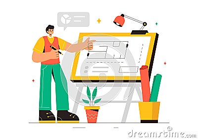 Vector illustration of a Drafting Engineer or Architect Working on a Drawing Board, Projecting Plans and Creating Drafts Vector Illustration
