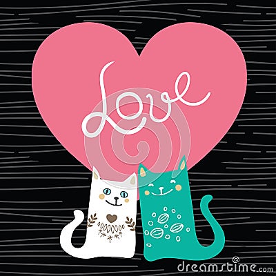 Vector illustration draw character design couple love of cat in valentine day and word love Vector Illustration