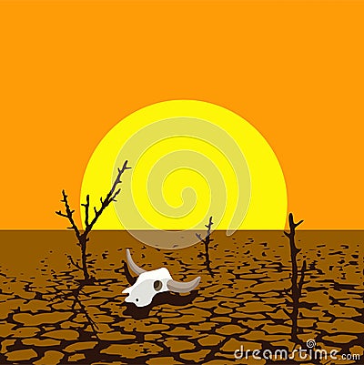 Vector dry trees and animal skull in dry desert land Vector Illustration