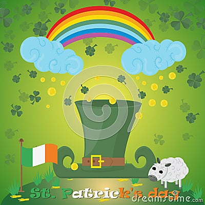 Illustration of a dwarf hat in a clearing on top of a rainbow with clouds and rain of gold coins, on the feast of St. Patricks day Vector Illustration