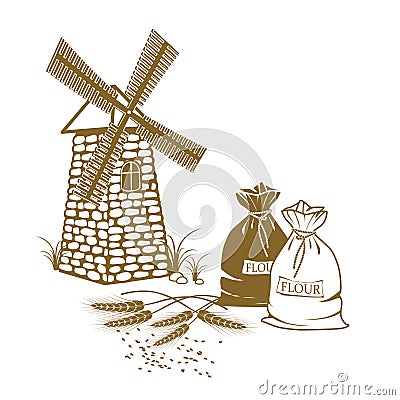 Vector illustration of ears of wheat, sacks of flour and windmill on the white background Vector Illustration