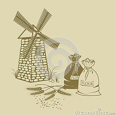 Vector illustration of ears of wheat, sacks of flour and windmill Vector Illustration