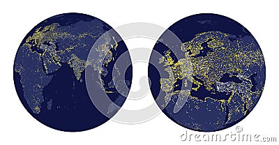 Vector illustration of Earth sphere with city lights and zoom of Europe Vector Illustration