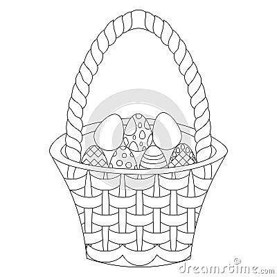 Easter basket with eggs. Vector illustration. Outline on an isolated background. Coloring book for children. Sketch. Holy Easter. Vector Illustration