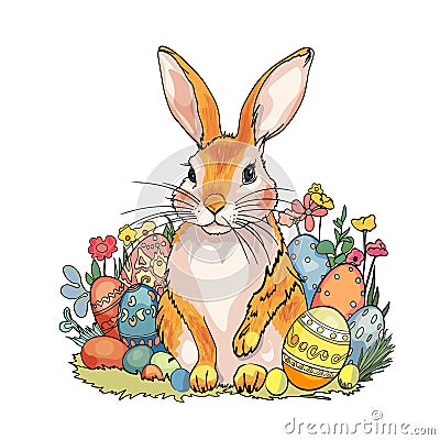 Vector illustration of Easter. Bunny with a basket and eggs. Boho style. Print, Blank for designer, print, logo, label, print on Vector Illustration