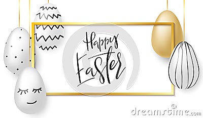 Vector illustration of easter day greetings banner template with hand lettering label - happy easter- with realistic Vector Illustration