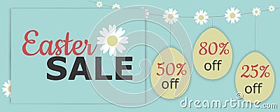 Vector Illustration with easter eggs, camomile flowers, Easter sale phrase, discount, and camomile garland. Stock Photo