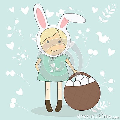 Vector illustration of Easter girl with bunny ears. Vector Illustration