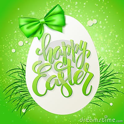 Vector illustration of easter greetings card with lettering - happy easter, spring grass, big egg and ribbon bow Vector Illustration