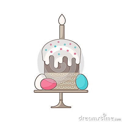 Vector illustration. Easter image of Easter cake with a candle and colorful eggs on a stand. Modern fashionable Flat Vector Illustration