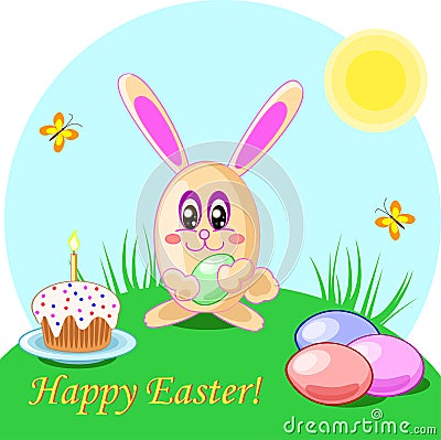 Vector illustration of easter rabbit eggs and cake. Holliday card Vector Illustration