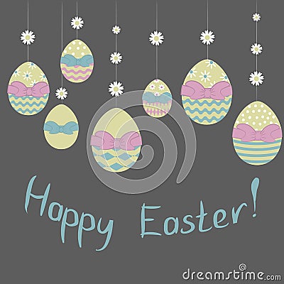 Vector Illustration. Easterdecorative Eggs hang on floral garland with Happy Easter phrase on dark background. Stock Photo