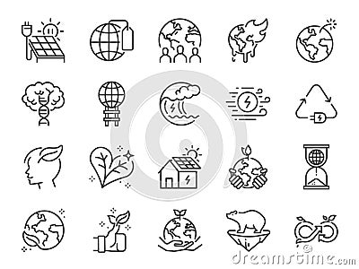 Ecology line icon set. Included icons as eco product, clean energy, renewable power, recycle, reusable, go green and more. Vector Illustration