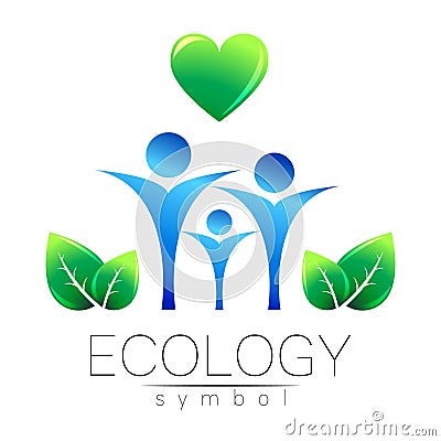 Vector illustration of Ecology symbol. Sign with human family heart and leaf isolated on white background. Green and Vector Illustration