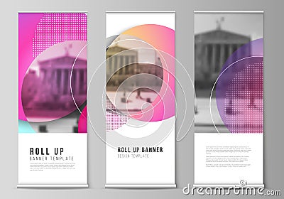 The vector illustration of the editable layout of roll up banner stands, vertical flyers, flags design business Vector Illustration