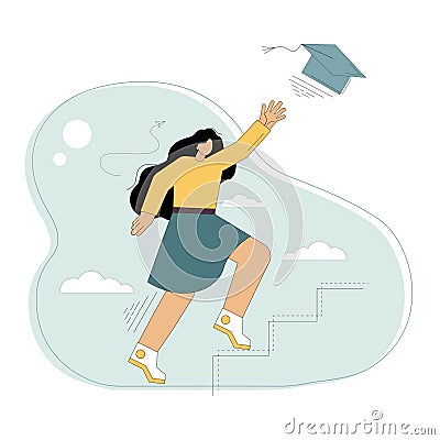 Education. Commitment to education. Training courses. A woman climbs the steps in pursuit of master's cap Vector Illustration