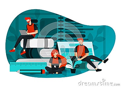Vector illustration of education 4.0, learning industry revolution, study at internet. group of people studying using laptop, late Vector Illustration