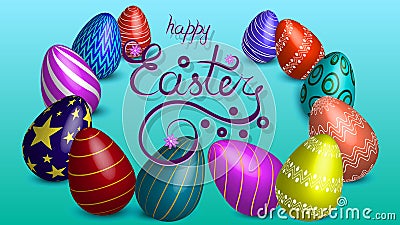 Vector illustration with eggs.. Inscription - happy Easter. Blue Vector Illustration