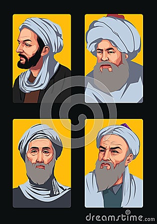 vector illustration of eight Islamic scholars. Ibn Sina, Al-Battani, Ibn Khaldun, Al-Biruni Vector Illustration